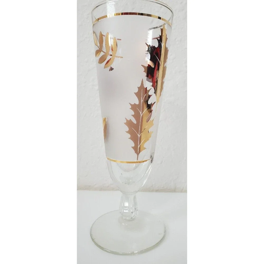 Libbey Gold Leaf Frosted Footed Pilsner Glass Vintage